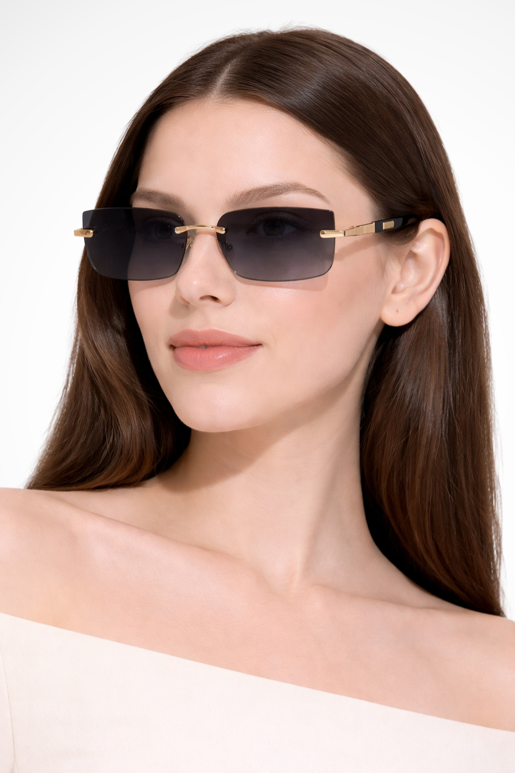 Chic women's rimless rectangle sunglasses, modern fashion eyewear with tinted lenses.