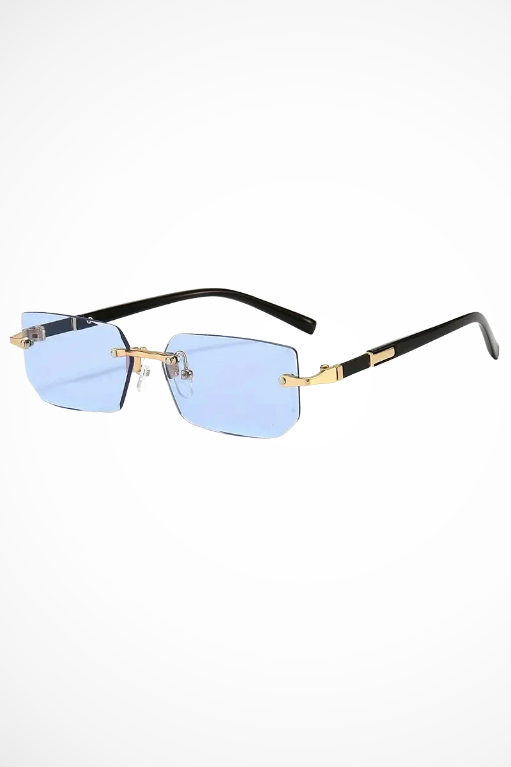 Trendy women's rimless rectangle sunglasses, a modern fashion accessory with sleek tinted lenses.