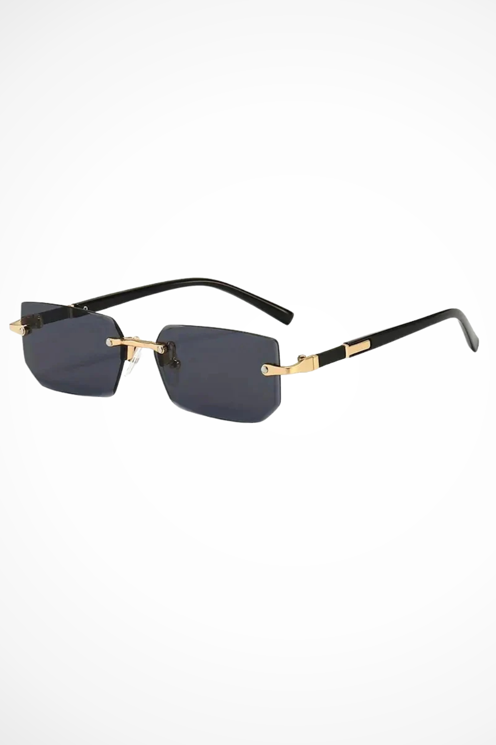 Women's rimless rectangle sunglasses, sleek fashion accessory with tinted UV protection lenses.