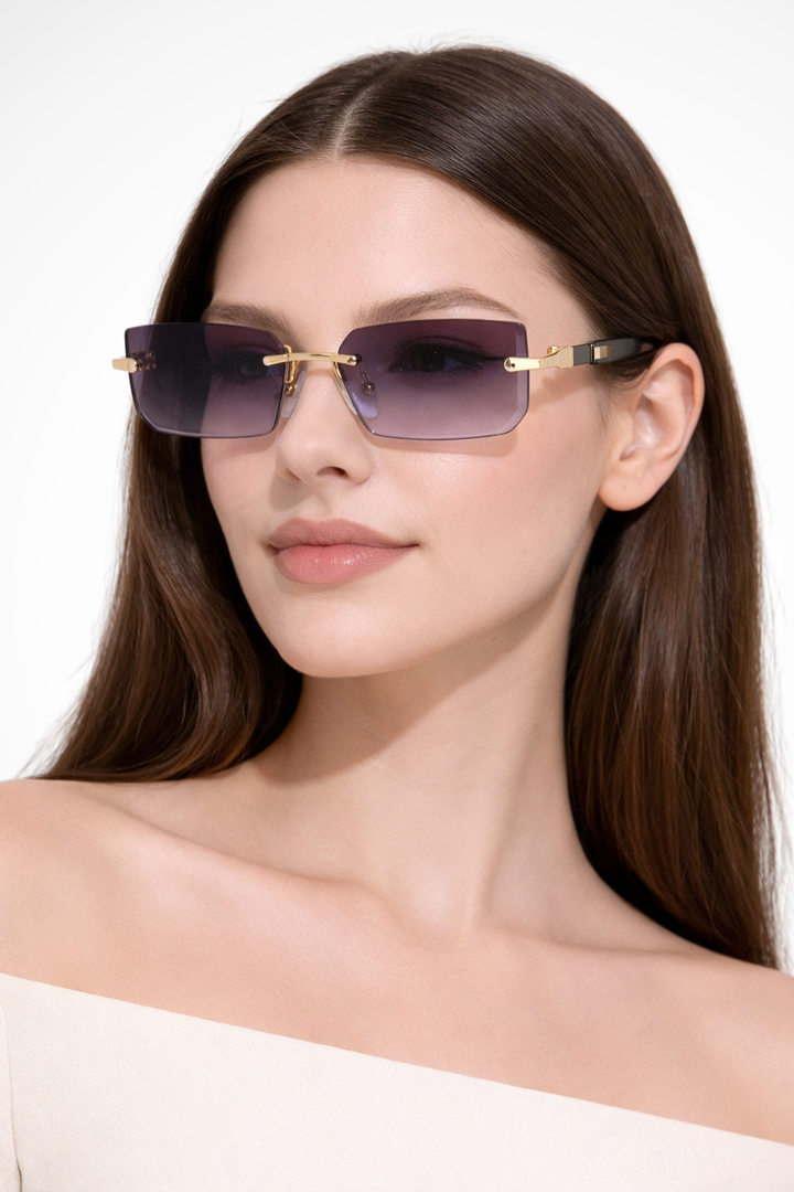 Stylish women's rimless rectangle sunglasses, a modern chic eyewear accessory for fashion-forward looks.