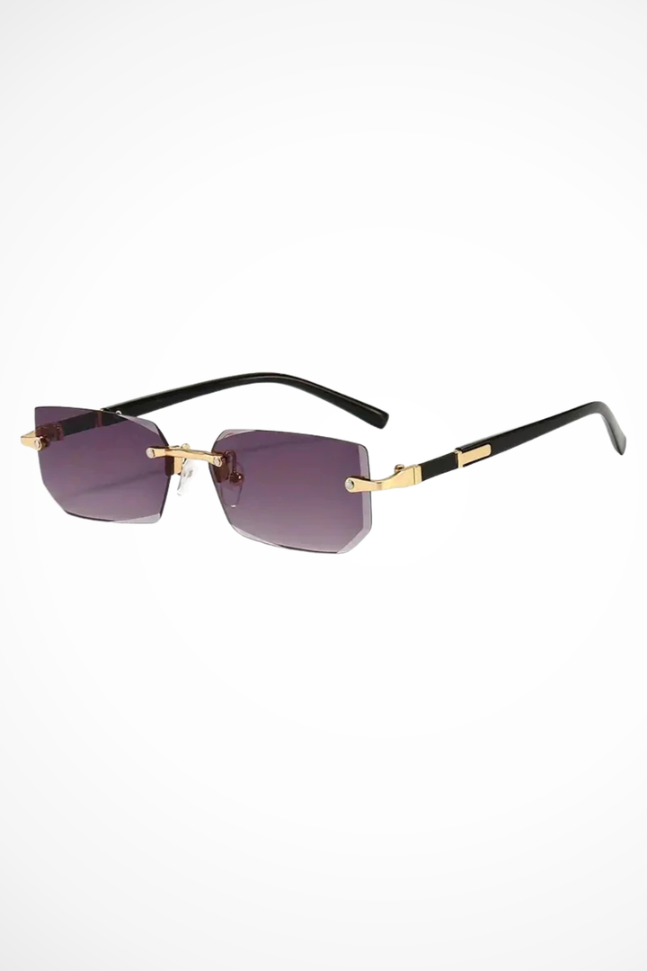 Fashionable women's rimless rectangle sunglasses, sleek and modern tinted eyewear accessories.