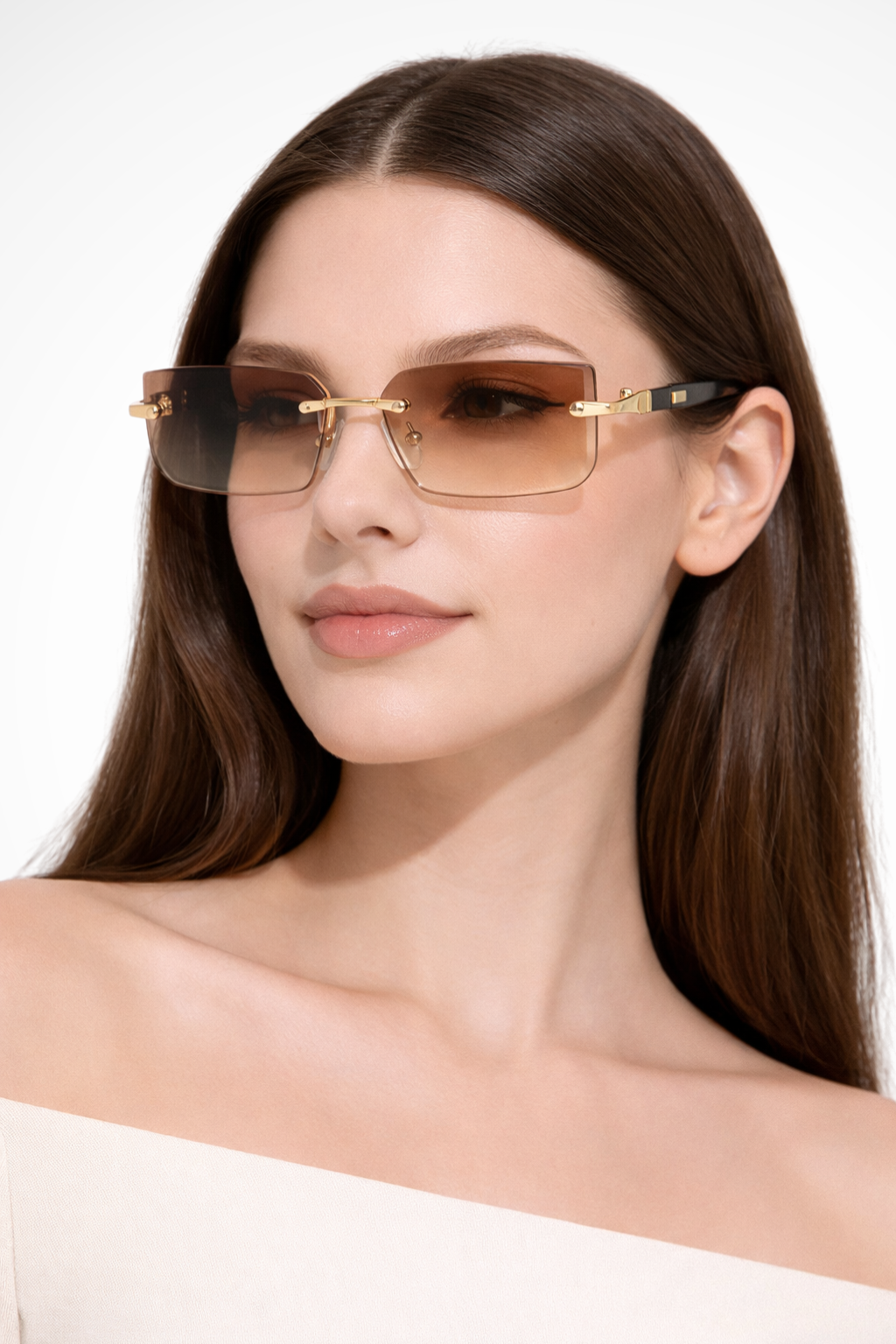 Modern women's rimless rectangle sunglasses, sleek design with tinted lenses, essential fashion eyewear.