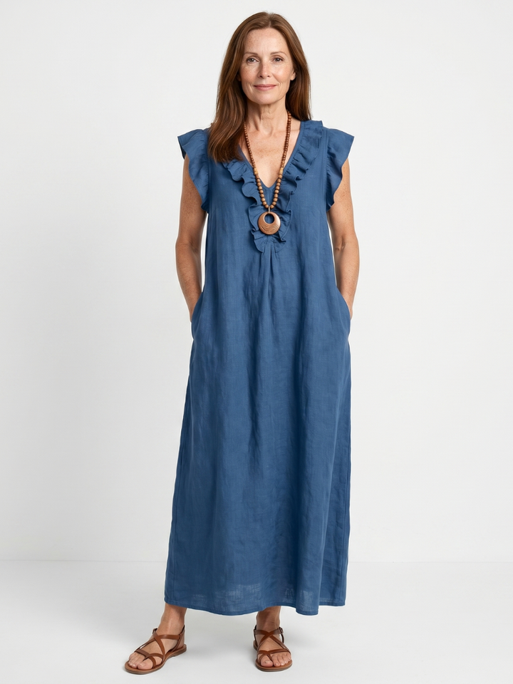 Chic women's ruffle trim sleeveless V-neck midi dress, perfect for summer casual wear.