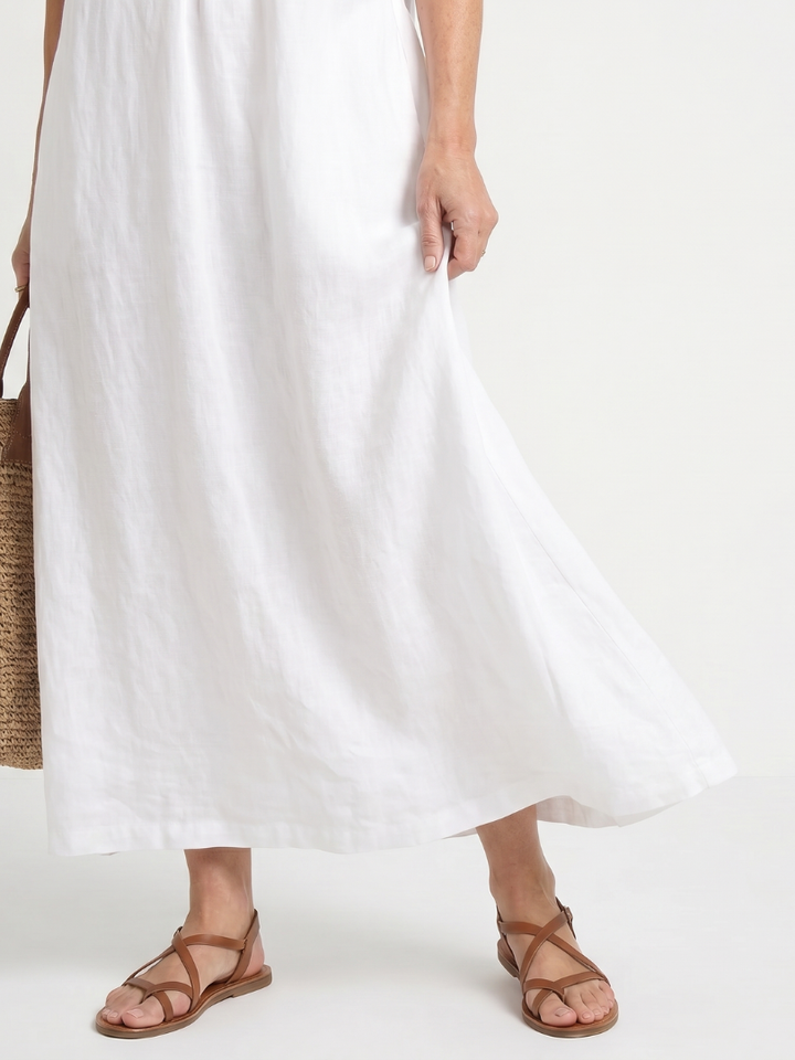 Trendy women's V-neck midi dress, sleeveless design, and beautiful ruffle trim.