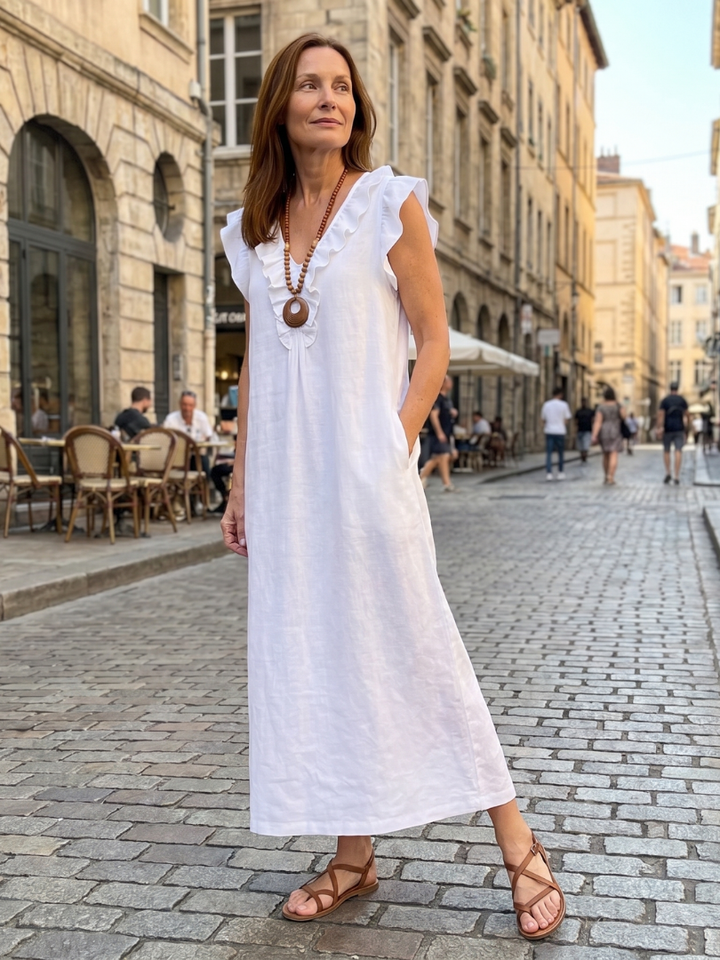 Women's comfortable midi dress, sleeveless, V-neck, ideal for casual summer style with ruffles.