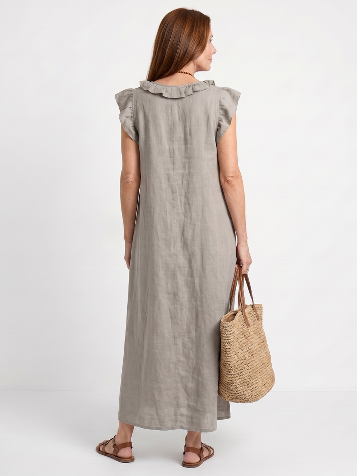 Stylish women's summer midi dress, sleeveless, V-neck, featuring playful ruffle trim.