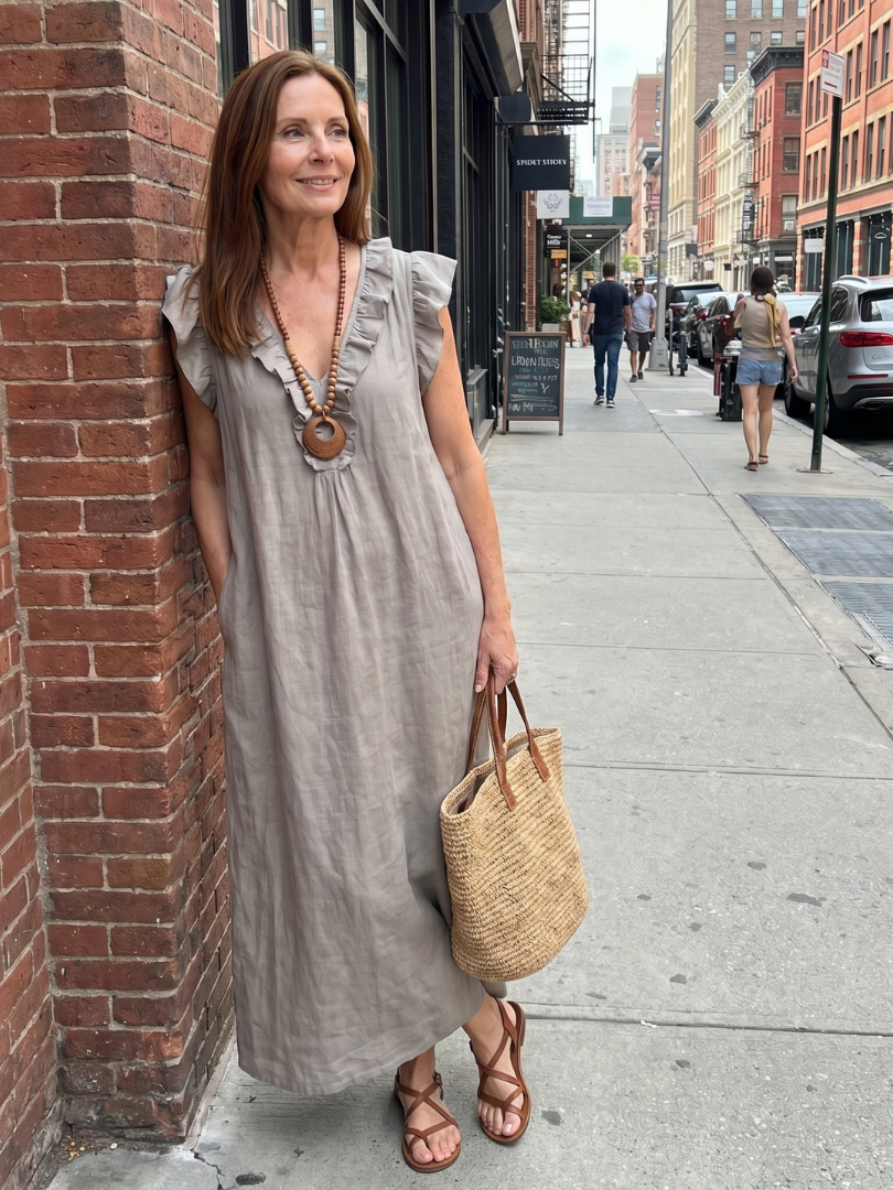 Comfortable women's sleeveless V-neck midi dress, perfect for relaxed summer days with ruffles.
