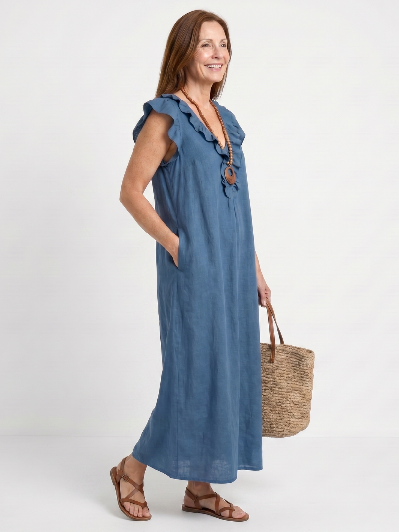 Comfortable relaxed fit V-neck midi dress for women with stylish ruffle trim.