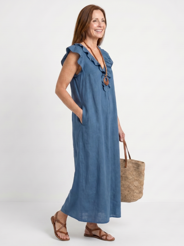 Comfortable relaxed fit V-neck midi dress for women with stylish ruffle trim.