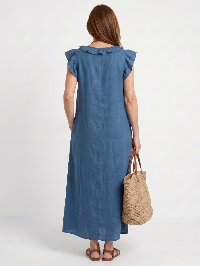 Everyday wear women's midi dress with a flattering V-neck, sleeveless cut, and ruffle trim.