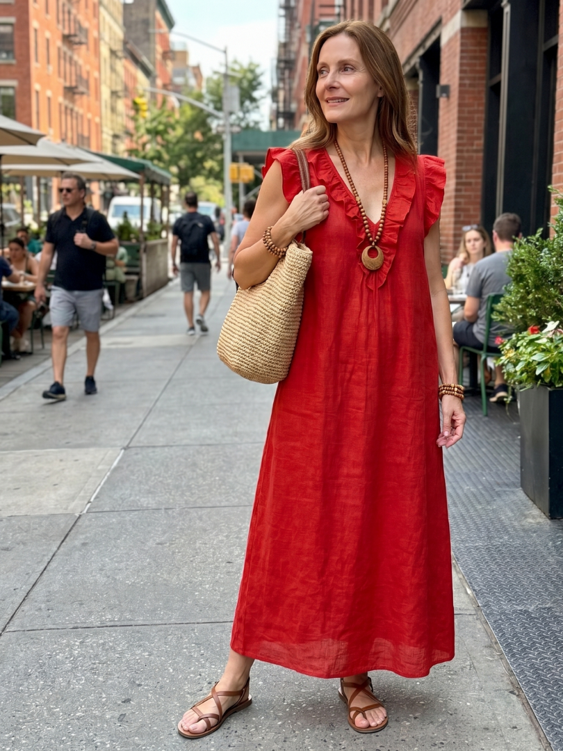Relaxed fit women's sleeveless V-neck midi dress with subtle ruffle trim, comfortable.