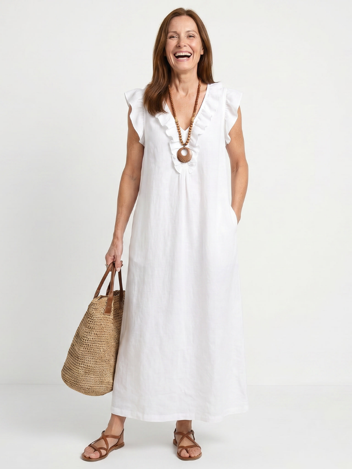 Lightweight summer women's midi dress, V-neck, sleeveless, with fashionable ruffle trim.