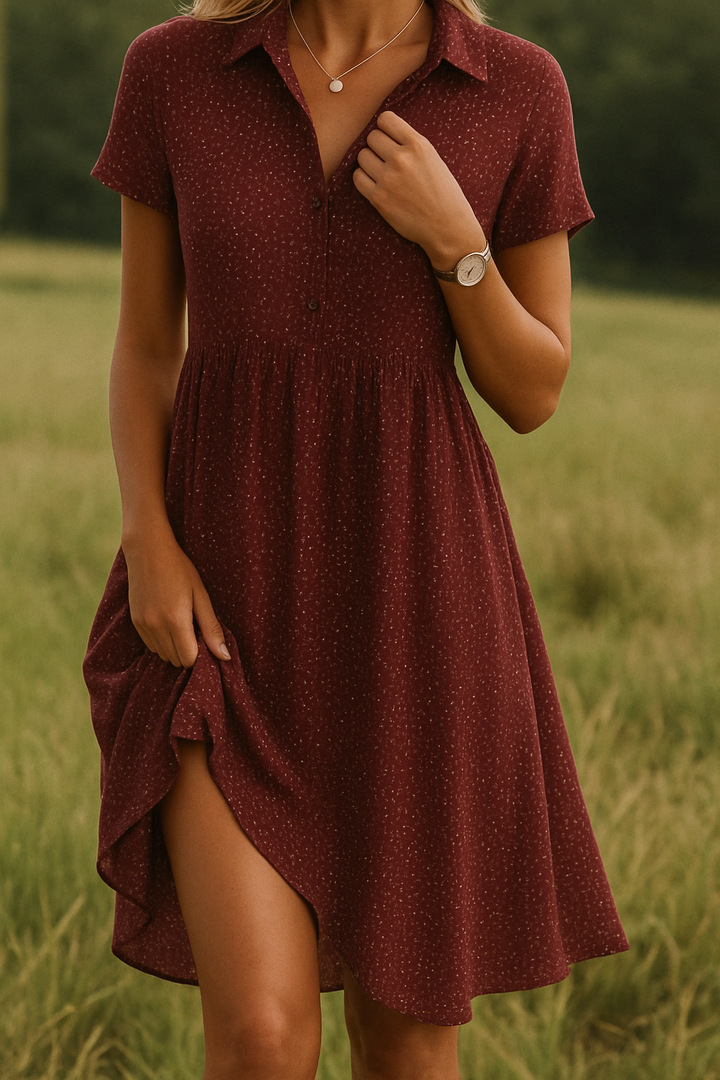 Elegant Red Women's Button-Down Short Sleeve Midi Shirt Dress, a versatile wardrobe essential for summer.