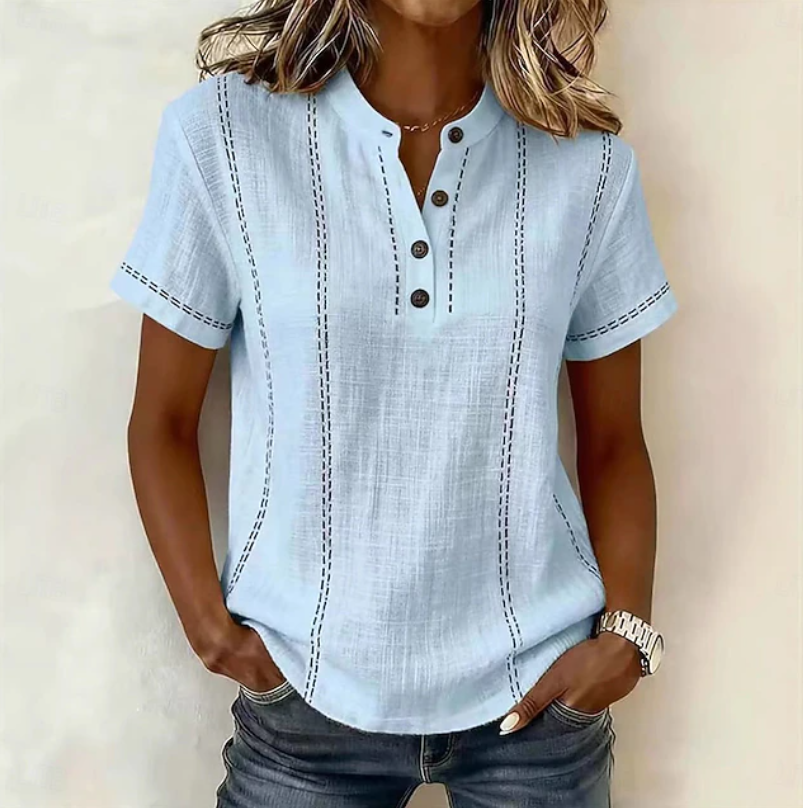Stylish short sleeve textured top for women, featuring a button-up front, great for chic summer outfits.