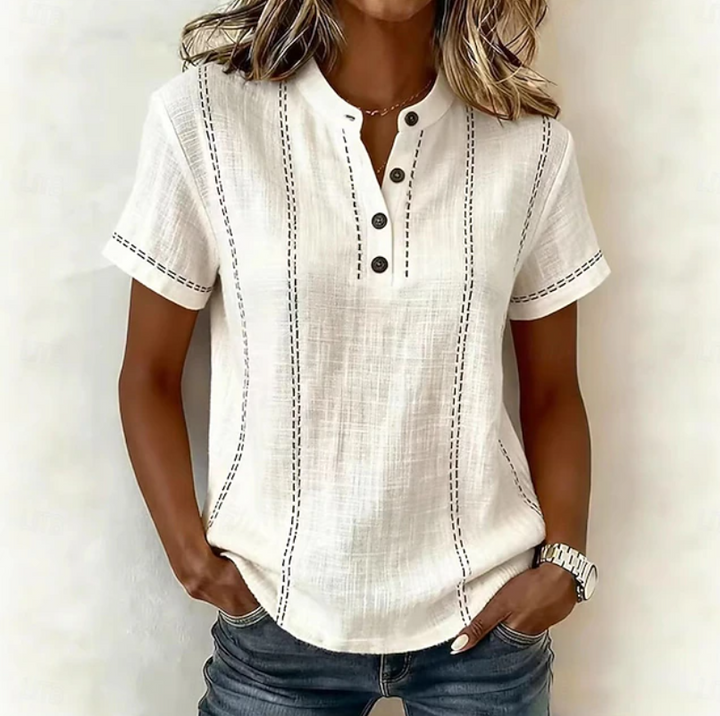 Everyday women's textured button-up top in a chic design, a versatile short sleeve shirt for casual spring looks.