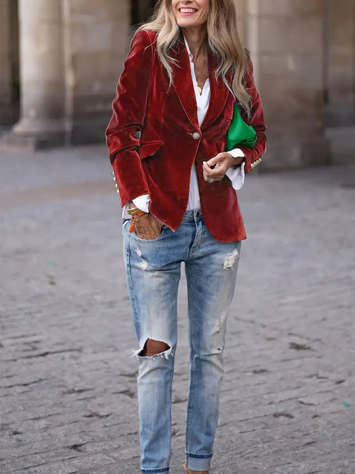 High-quality women's single button blazer, tailored fit for enduring style & professionalism.