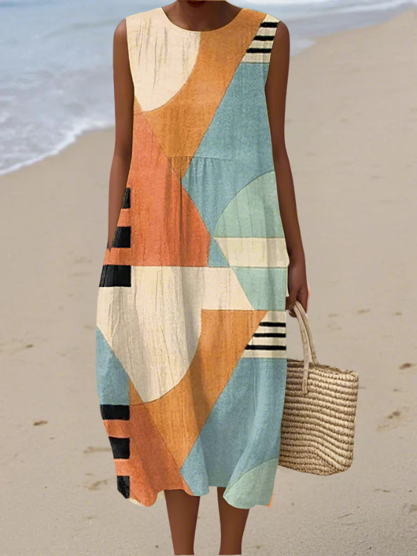 Chic women's sleeveless midi dress featuring an elegant multicolor geometric pattern, versatile for casual or evening wear.