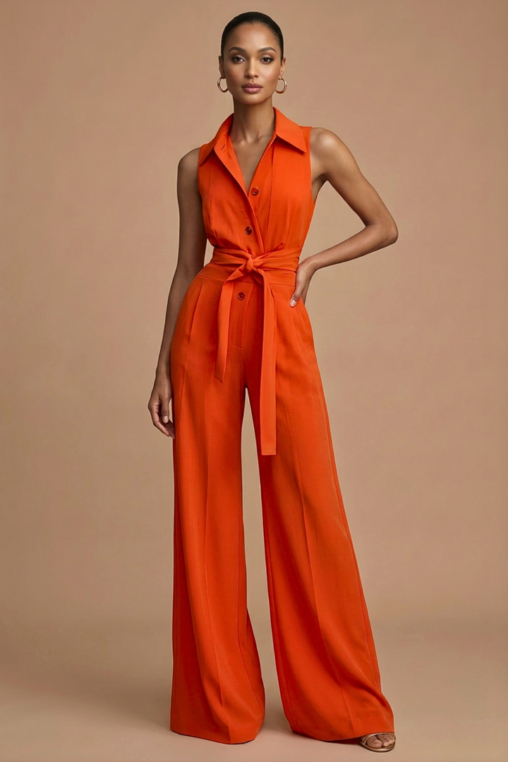 Chic women's sleeveless orange wide-leg jumpsuit with collar, button front, and waist tie. Elegant formal or casual one-piece.