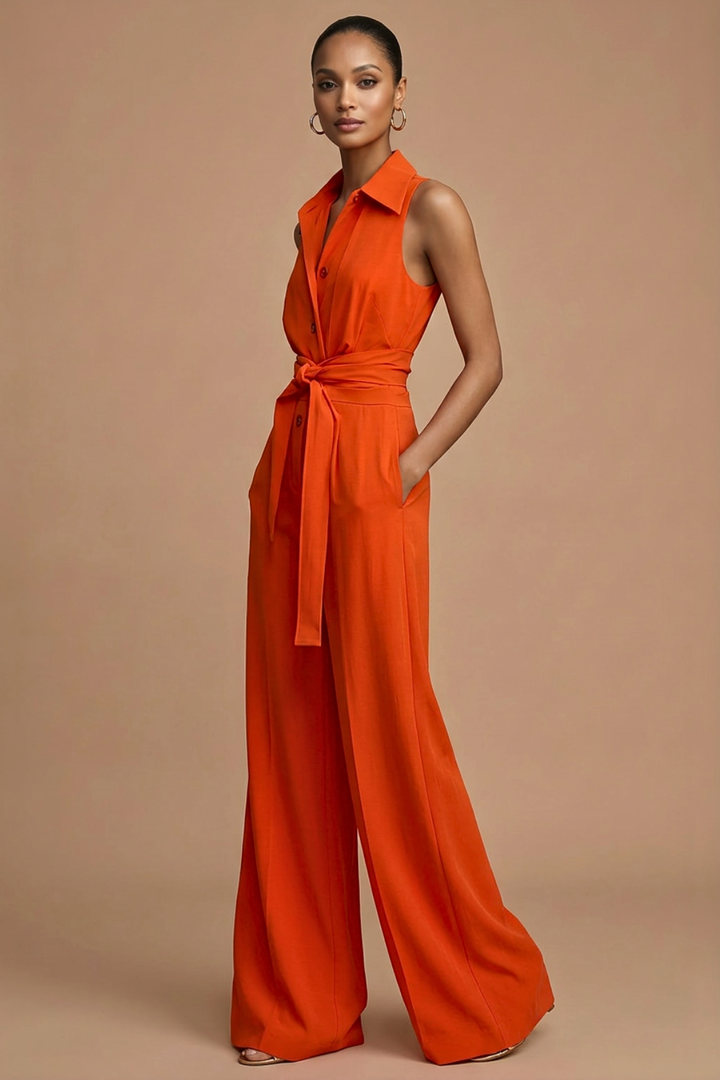 Elegant women's sleeveless wide-leg jumpsuit in orange, featuring a stylish collar and waist tie. Perfect chic formal wear.