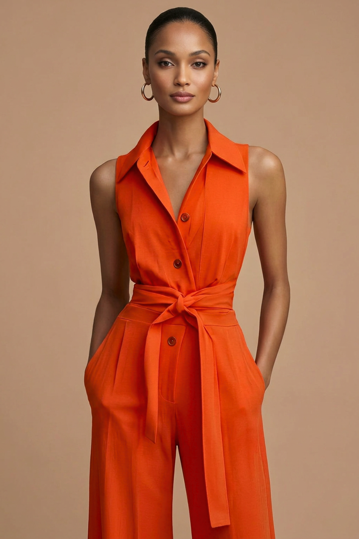 Women's orange sleeveless wide-leg jumpsuit with a chic collar neck, button front, and waist tie. Fashionable casual apparel.