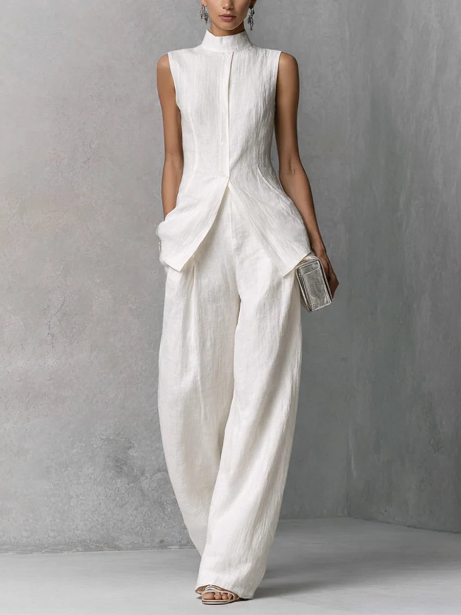Stylish two-piece sleeveless wide leg pant set for women, ideal for chic summer outfits & relaxed elegance.
