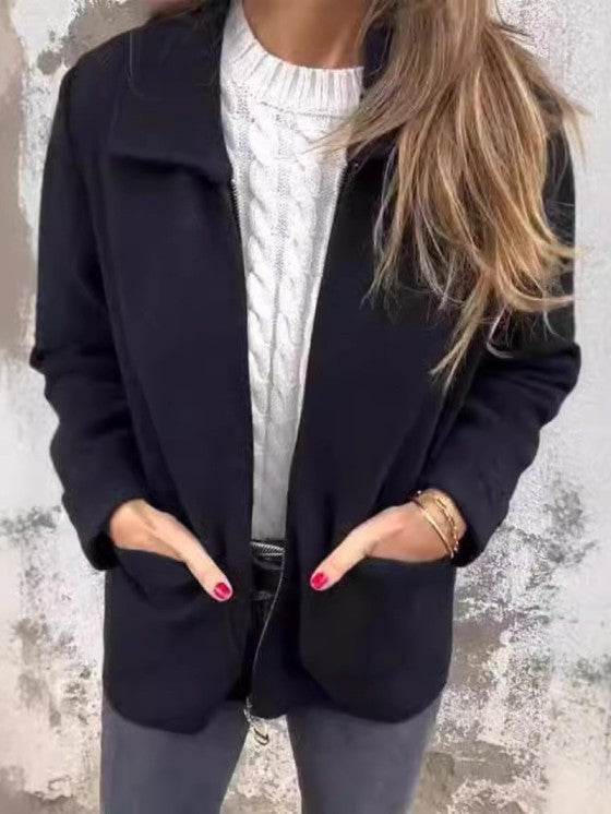 Comfortable long-sleeve women's solid jacket. Stylish chic outerwear for trendy fall and warm winter fashion.