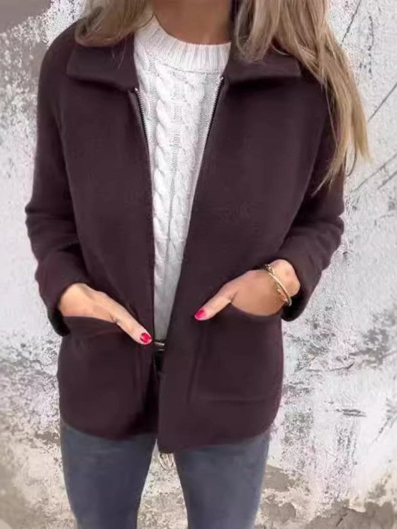 Elegant solid women's jacket for versatile fall & winter fashion. Chic long-sleeve outerwear, perfect for comfort.