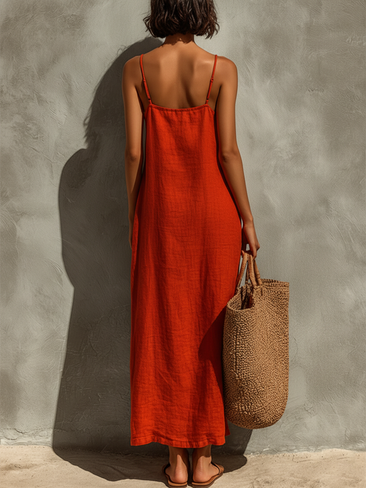 Summer women's maxi dress with a sophisticated square neckline and delicate spaghetti straps.