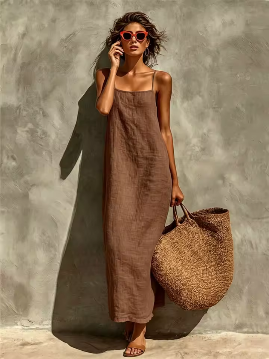 Versatile women's sleeveless maxi dress with a square neck, ideal for summer or autumn layering.