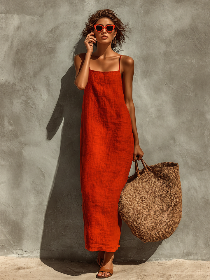 Elegant flowing maxi dress for women, featuring a stylish square neckline and thin straps.