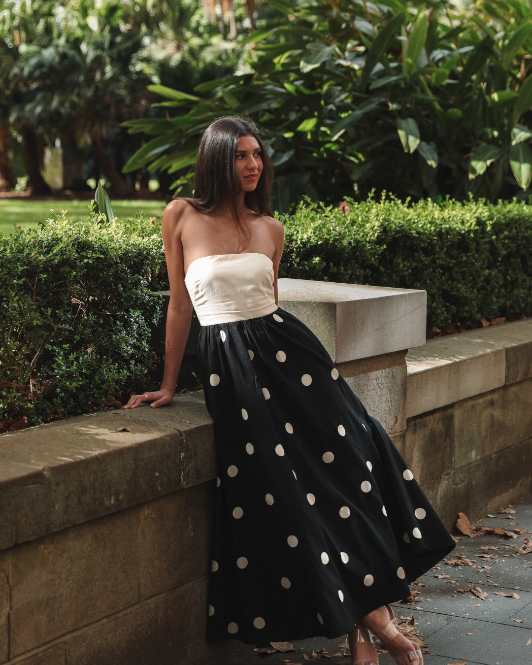Versatile women's polka dot strapless A-line summer maxi dress, ideal for daytime comfort or evening events.