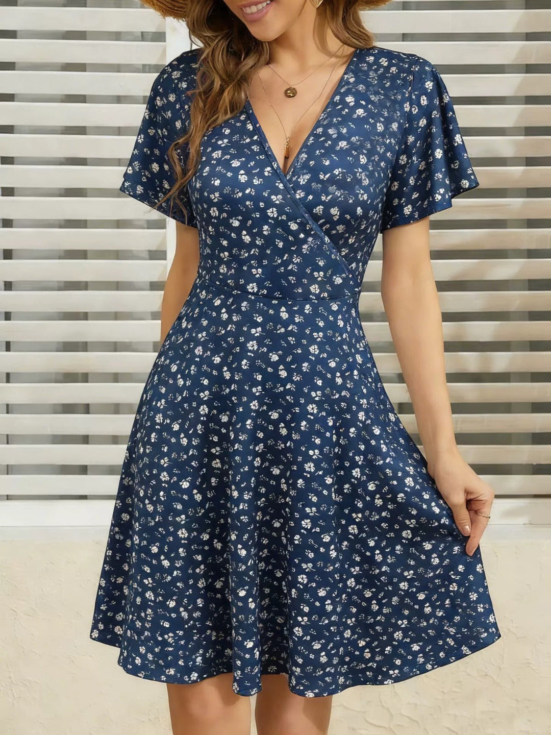Lightweight women's polka dot V-neck dress. Comfortable summer style, ideal for daywear, chic & flowy.