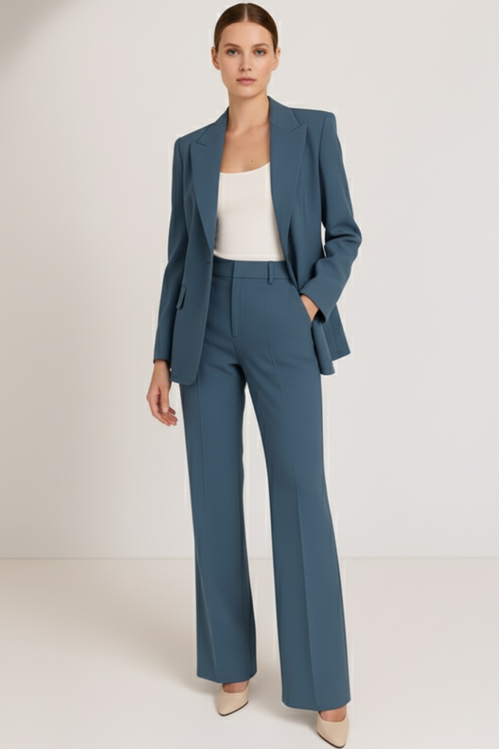 Chic women's tailored blazer & straight leg trousers suit. Perfect professional office wear, two-piece business outfit.