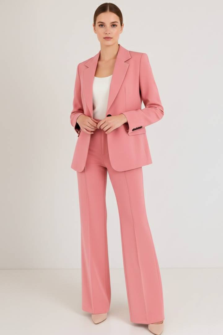 Straight leg trousers from a women's professional two-piece suit. Chic, tailored office attire for business.