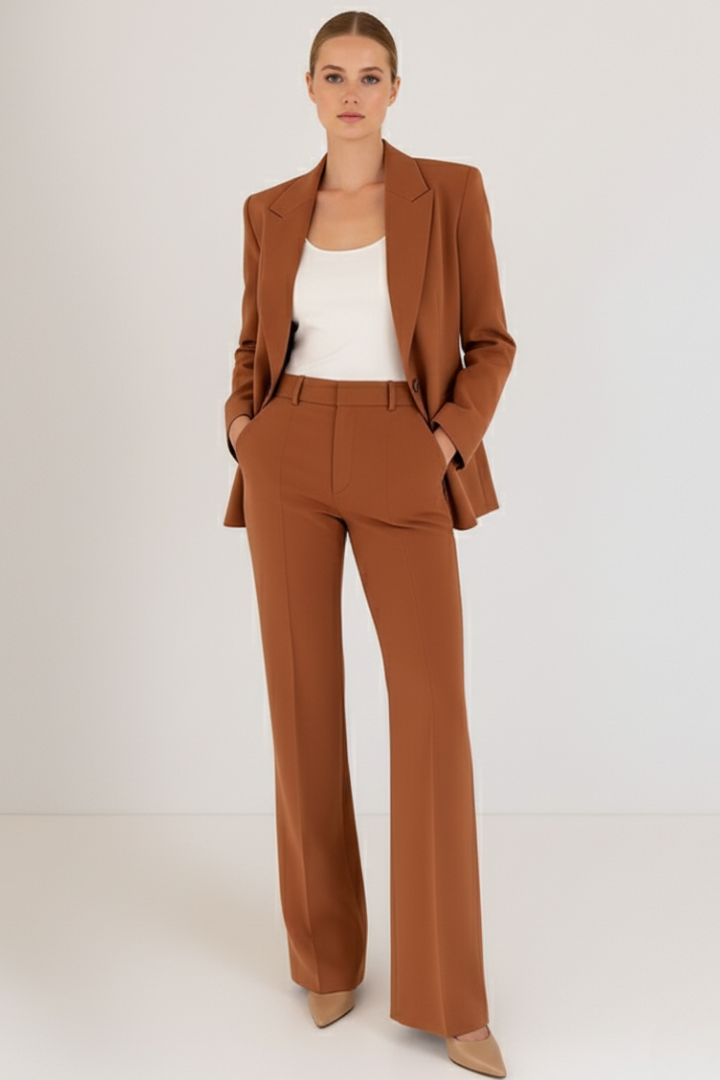 Stylish women's professional blazer & straight leg trousers suit, complete business outfit for formal events.