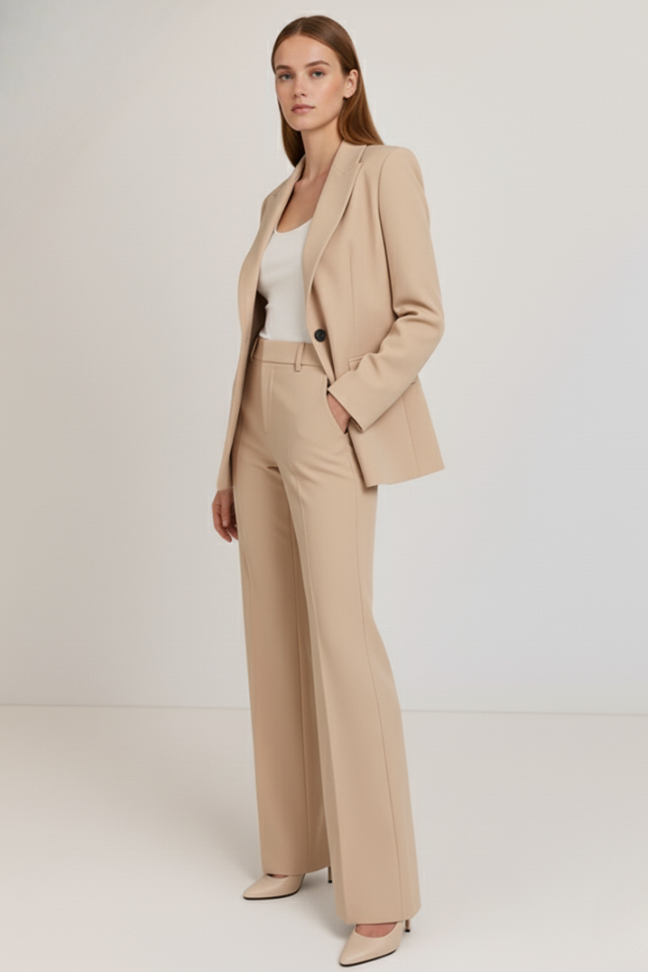 Women's two-piece suit: a sophisticated tailored blazer & straight leg trousers for professional office wear.