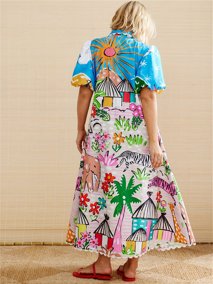 Chic women's tropical print midi dress with lapel neckline & adjustable waist for elegant summer fashion.