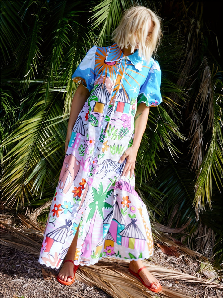 Vibrant tropical print midi dress for women, a chic & versatile choice for elegant summer fashion.