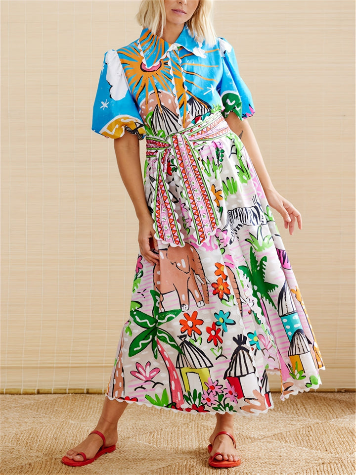 Stylish women's tropical print midi dress, ideal for summer fashion, beach, or elegant occasion wear.