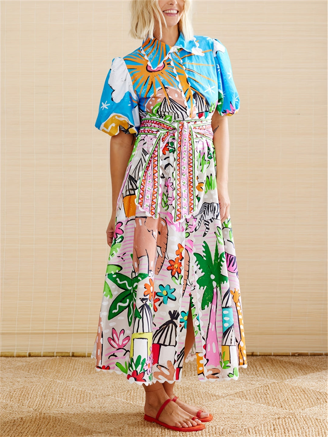 Comfortable women's tropical print midi dress with an adjustable waist for a flattering summer look.