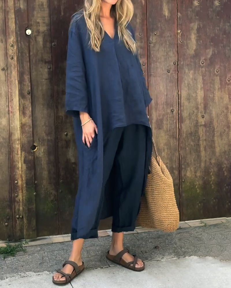 Versatile women's two-piece outfit, ideal for casual wear, loungewear, or an elegant coordinated look.