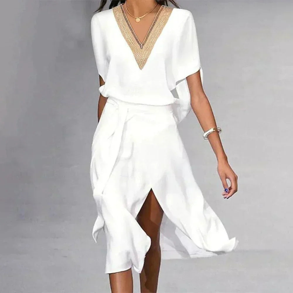 Chic women's V-neck wrap midi dress, perfect for elegant everyday wear or summer casual style. Versatile & comfortable.
