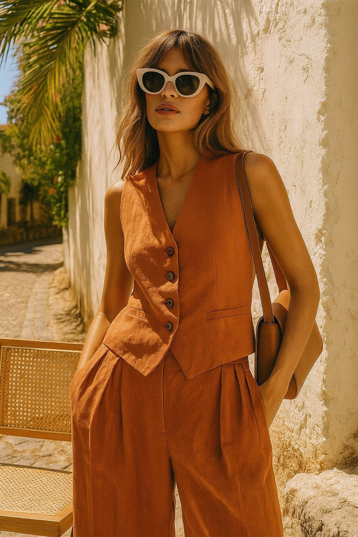 Chic women's ensemble: a stylish waistcoat paired with trendy wide-leg trousers for a polished look.