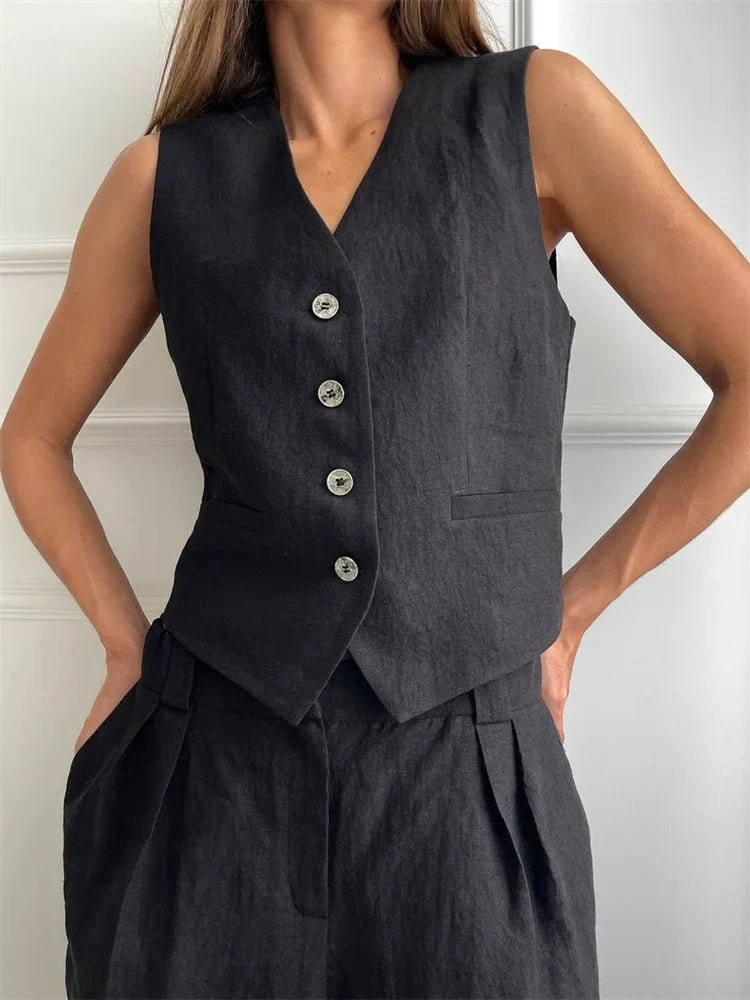 Versatile women's co-ord set with waistcoat and wide-leg trousers, ideal for effortless style.