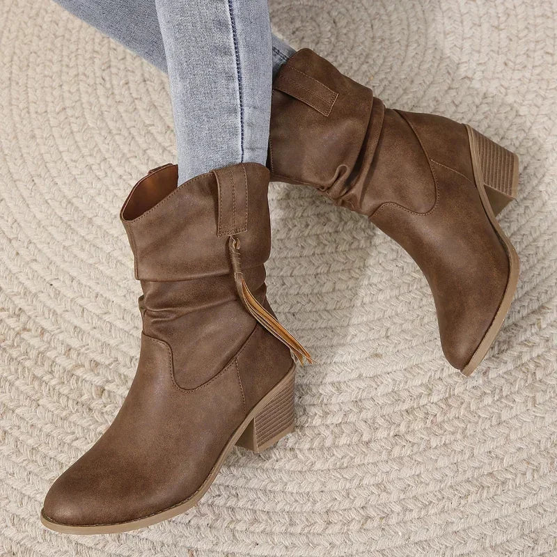 Effortless chic women's western boots with tassel detail and comfortable block heel for all-day wear.