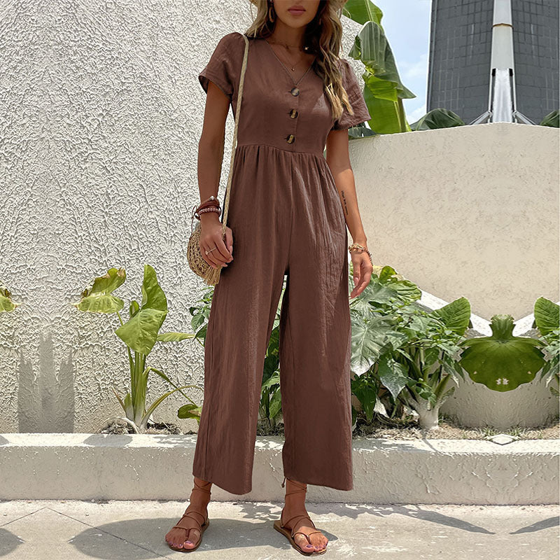 Chic women's wide leg jumpsuit in a relaxed fit, perfect for versatile summer fashion and casual wear.