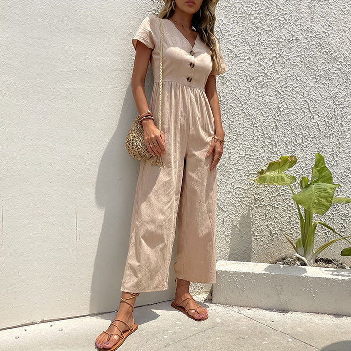 Effortless wide leg jumpsuit for women, featuring a stylish button front. Ideal for chic casual summer outfits.