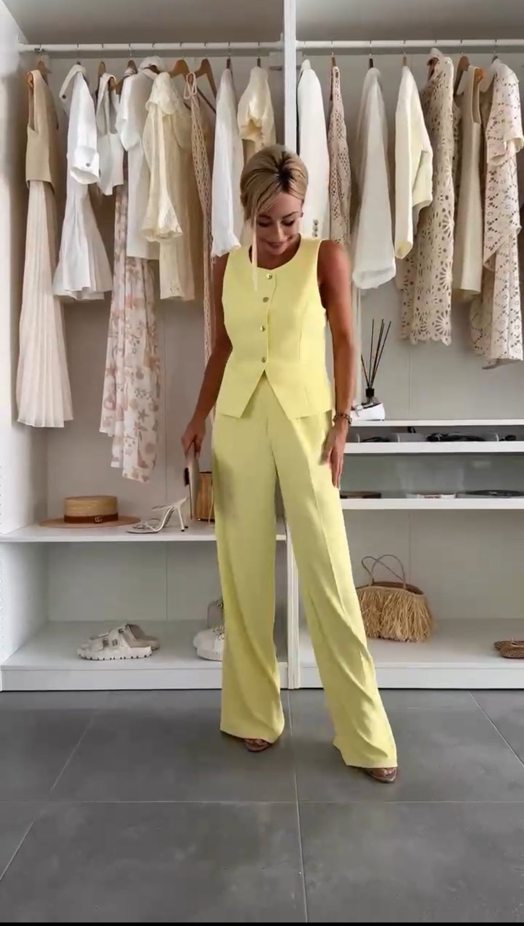 Chic women's yellow co-ord set. Elegant two-piece matching outfit for summer casual wear.