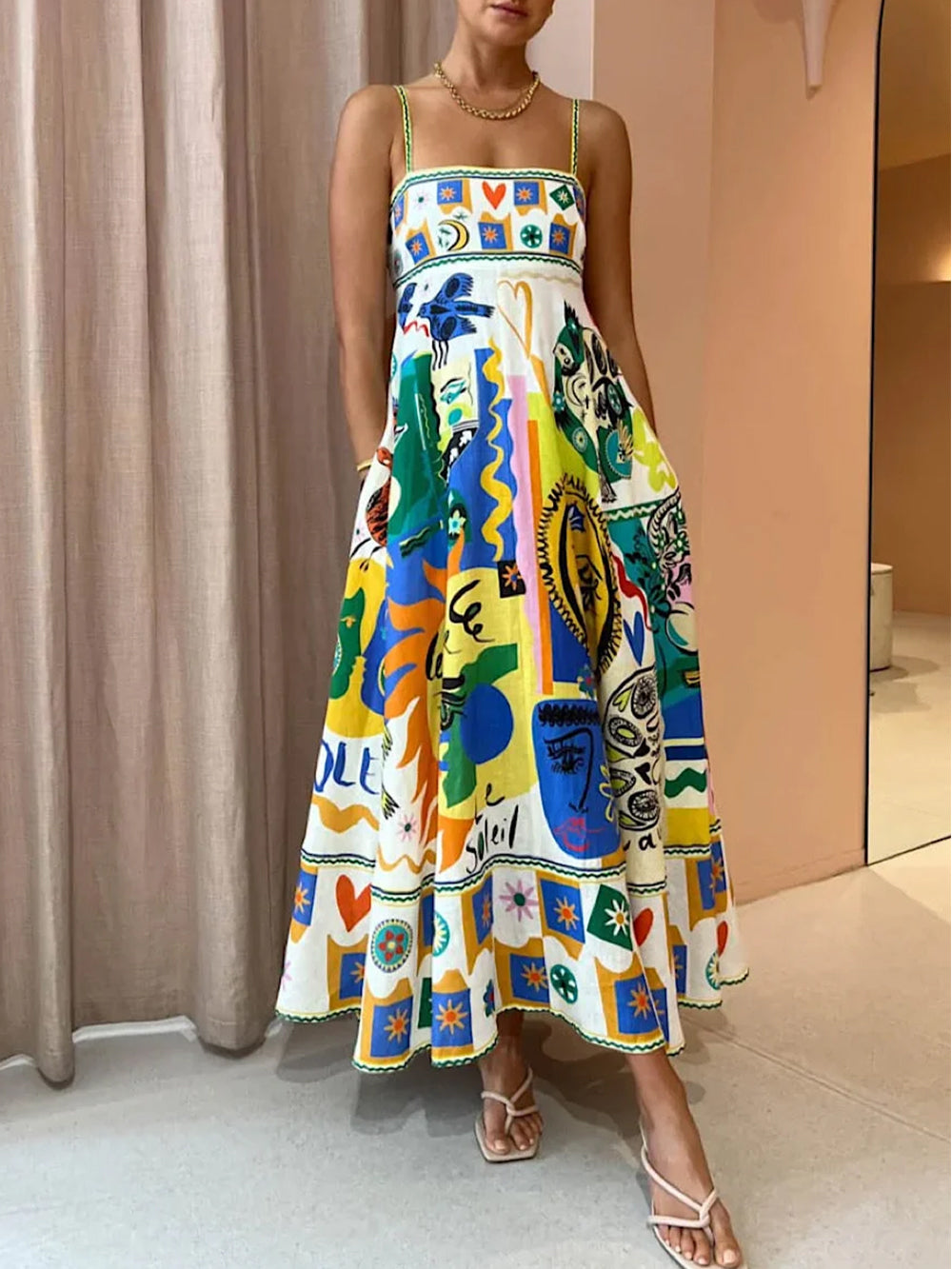 Chic women's yellow geometric graffiti print maxi slip dress, perfect for summer casual or elegant wear.