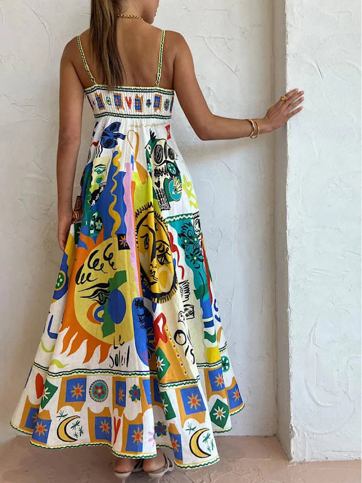 Artistic geometric graffiti print slip dress for women, a versatile statement maxi dress with chic design.